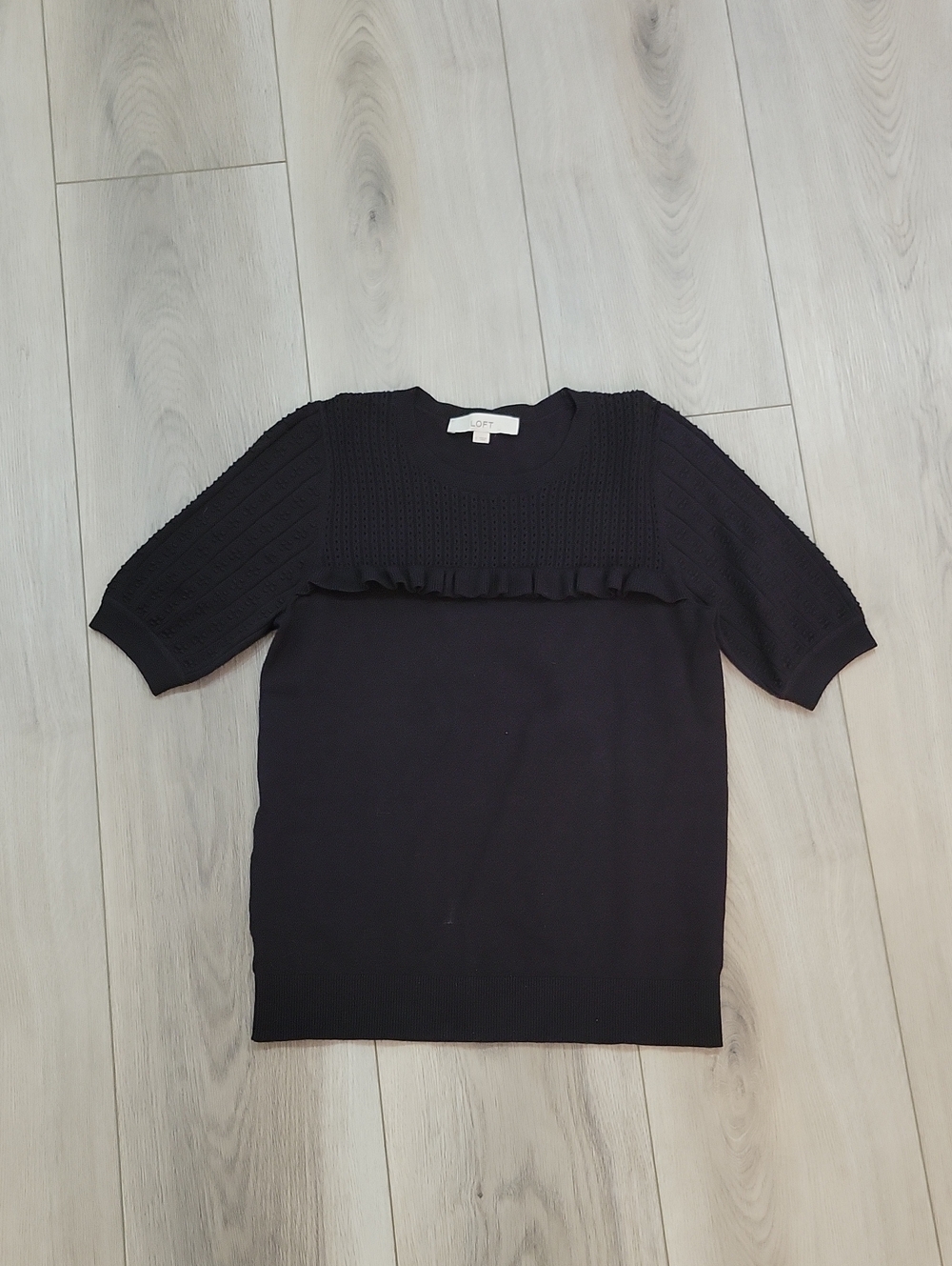 Loft Black Short-Sleeve Knit Top with Ruffle Trim